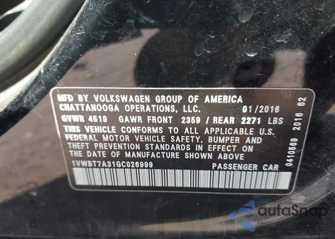 2016 Volkswagen Passat 1.8T Se from USA, damaged, VIN 1VWBT7A31GC026999